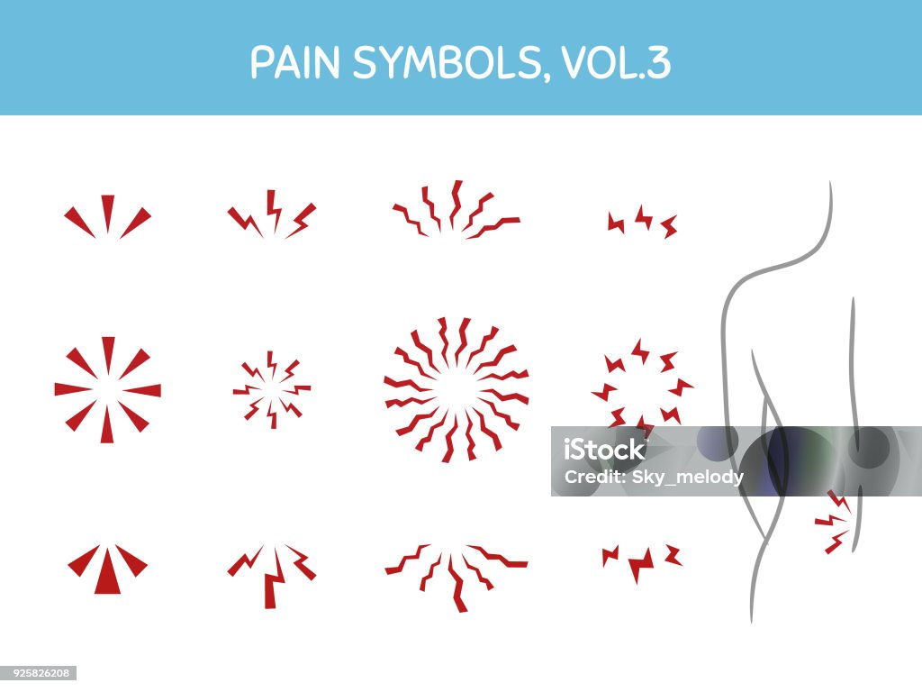 Conjunto de marcadores de dolor para las ilustraciones, diseños médicos y cuidado de la salud. Surtidos los iconos que muestra el foco de dolor, puntos gatillo y áreas dolorosas del cuerpo - arte vectorial de Dolor libre de derechos