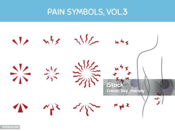 Ilustración de Conjunto De Marcadores De Dolor Para Las Ilustraciones Diseños Médicos Y Cuidado De La Salud Surtidos Los Iconos Que Muestra El Foco De Dolor Puntos Gatillo Y Áreas Dolorosas Del Cuerpo y más Vectores Libres de Derechos de Dolor