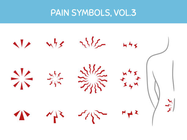zestaw markerów bólowych do ilustracji, projektów medycznych i zdrowotnych. różne ikony pokazujące ognisko bólu, punkty wyzwalania i bolesne obszary ciała - pain stock illustrations