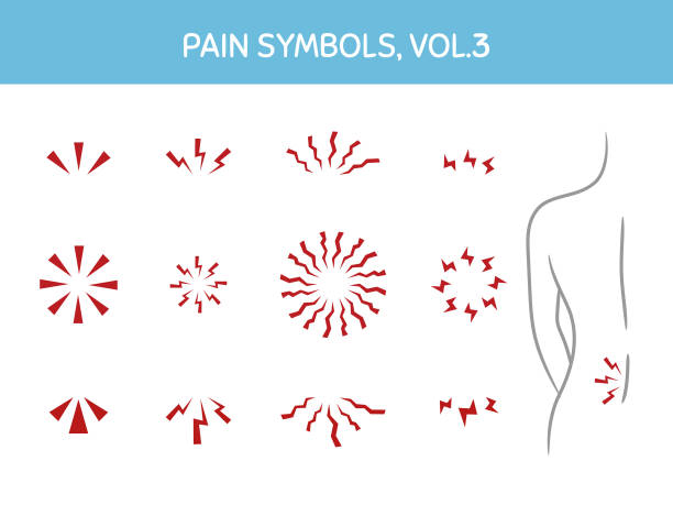 Set of pain markers for illustrations, medical and healthcare themed designs. Assorted icons showing pain focus, trigger points and painful areas of body Vector elements, isolated on white. pain symbols stock illustrations