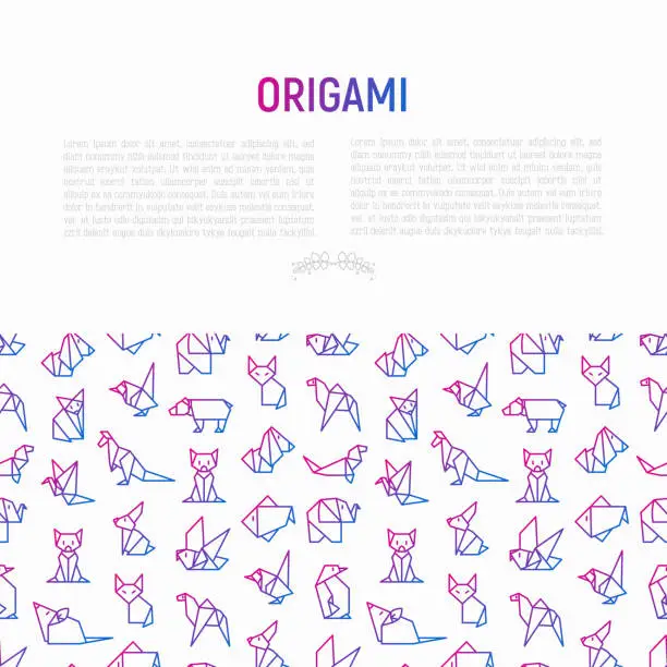 Vector illustration of Origami concept with thin line icons: penguin, camel, fox, bear, sparrow, fish, mouse, bird, elephant, kangaroo, hare, seal, raccoon. Modern vector illustration for workshop with place for text.