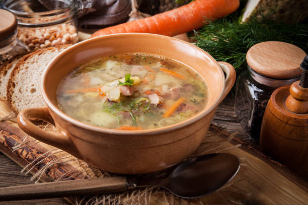istock Pea soup with vegetables and bacon. 925850060