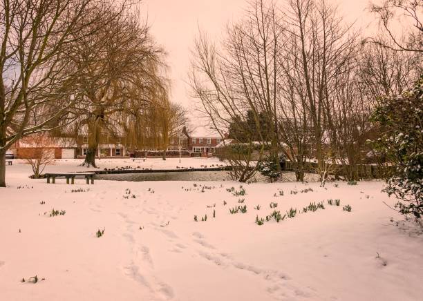 istock Village pond and snow. 925853600