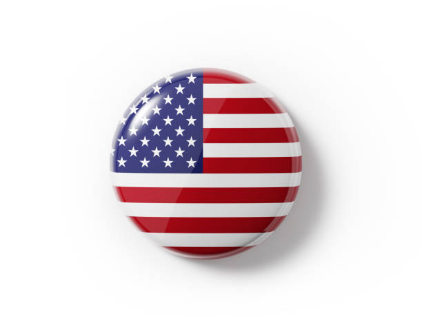 Badge textured with an American flag on white background. Horizontal composition with copy space and clipping path.