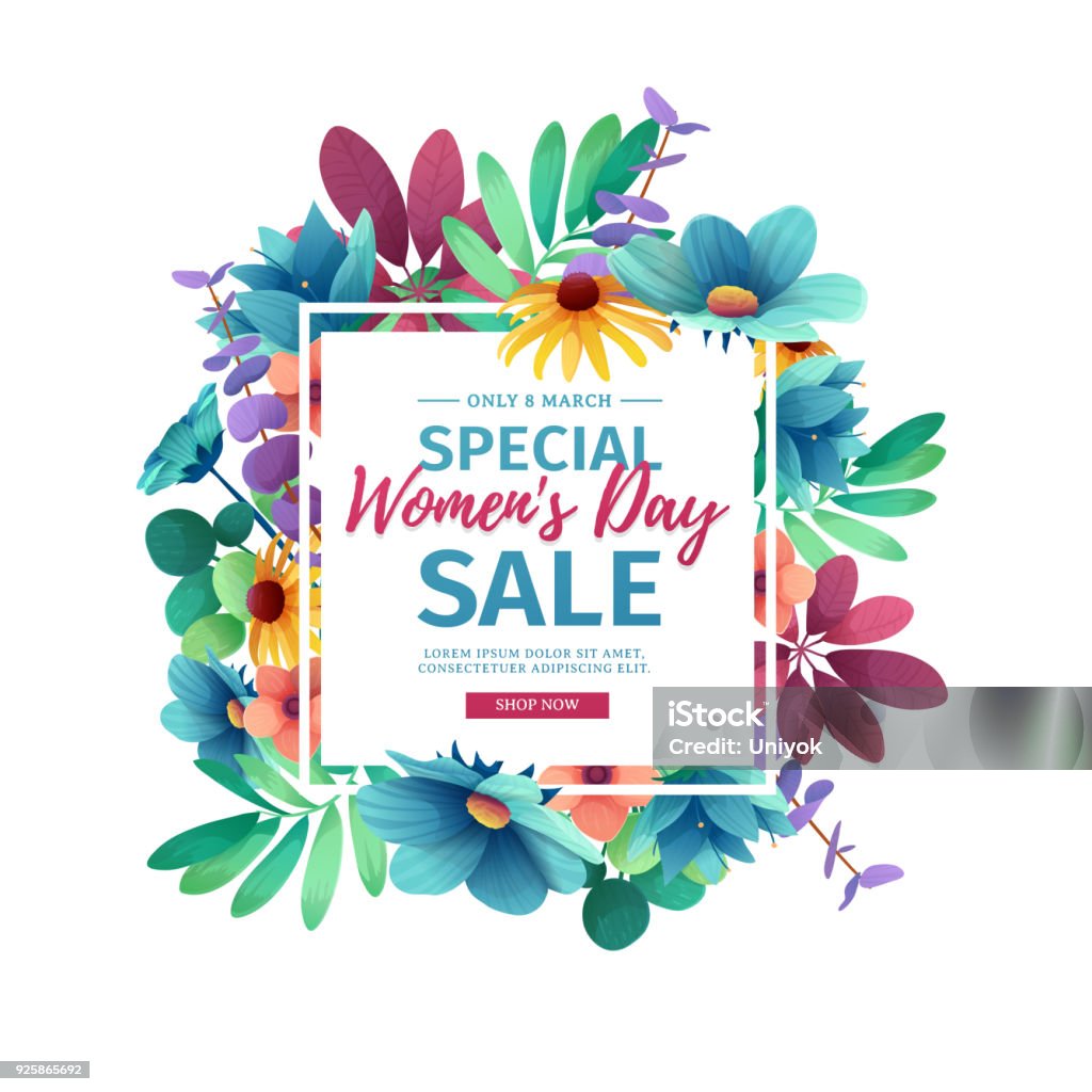 Banner for sale International  Happy Women's Day on flower background. Flyer for March 8 with the decor of floral. Invitations with square frame and flower for offer and discount. Vector Banner for sale International  Happy Women's Day on flower background. Flyer for March 8 with the decor of floral. Invitations with square frame and flower for offer and discount. Vector. Flower stock vector