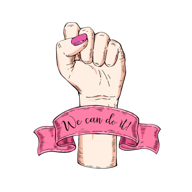 Vector hand-drawn background, sketch illustration. Template for printing, advertising, poster, poster, web design. Female hand with fist raised up. Symbol of feminism. We can do it. vintage rose Vector hand-drawn background, sketch illustration. Template for printing, advertising, poster, poster web design girl power stock illustrations