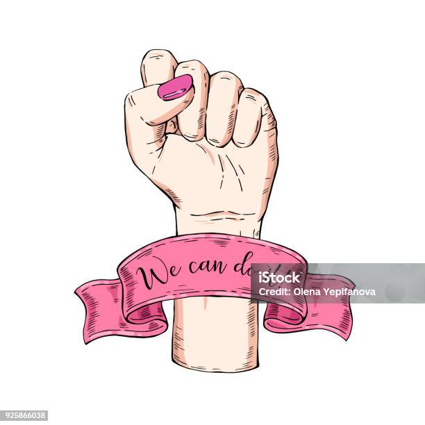 Vector Handdrawn Background Sketch Illustration Template For Printing Advertising Poster Poster Web Design Female Hand With Fist Raised Up Symbol Of Feminism We Can Do It Vintage Rose Stock Illustration - Download Image Now