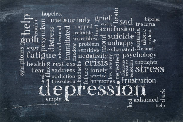 depression word cloud on blackboard - worthless imagens e fotografias de stock