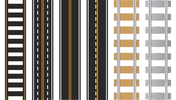 kuvapankkikuvitukset aiheesta vektoriasfaltti merkinnöillä ja rautatiekiskoilla, ratapelaajilla, puisella pohjalla. - rinnakkaiset keltaiset viivat