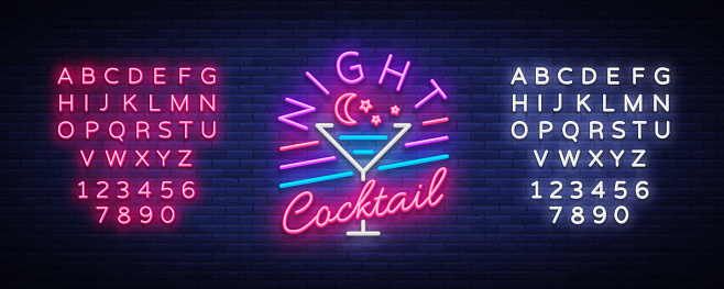 Night Cocktail is a neon sign. Cocktail symbol, Neon Style, Light Banner, Night Bright Neon Advertising for Cocktail Bar, Party, Pub. Alcohol. Vector illustration. Editing text neon sign.