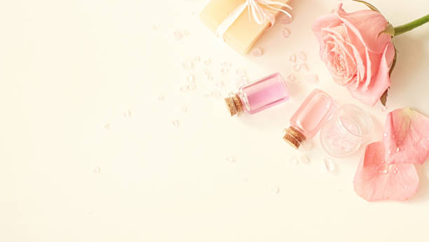 istock Aromatherapy. Small glass bottles with cosmetic oils. Bath salt 925884954