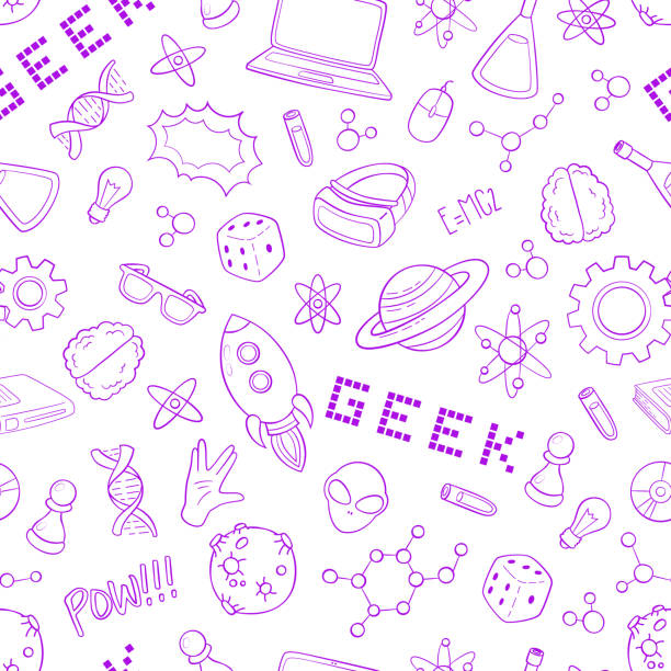 nahtloser vektor hintergrund, hintergrundbilder, textur, hintergrund-muster. satz von doodle cartoon symbole geek, nerd, gamer. vorlage für die verpackung, druck, karten, einladung, webdesign - uncool stock-grafiken, -clipart, -cartoons und -symbole