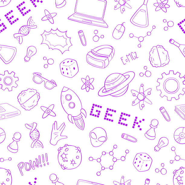 Seamless vector background, wallpaper, texture, backdrop pattern. Set of doodle cartoon icons geek, nerd, gamer. Template for packing, printing, cards, invitation, web design Seamless vector background, wallpaper, texture backdrop pattern nerd stock illustrations