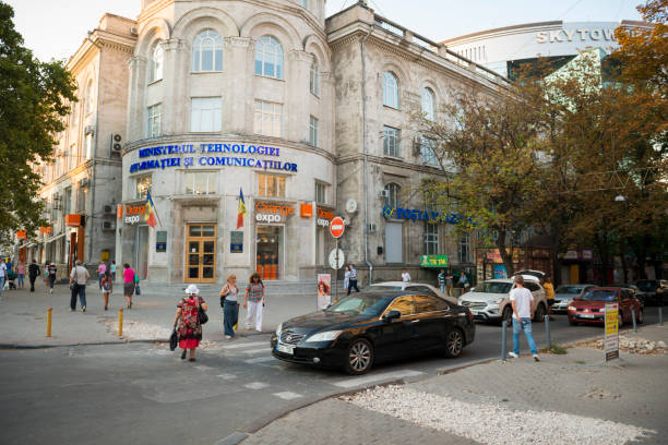 Chisinau, Moldova - September 9, 2016: Chisinau city scene at the intersection of Stefan cel Mare and Vlaicu Parcalab.