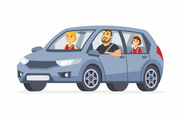 Family in the car - cartoon people character isolated illustration Family in the car - cartoon people character isolated illustration on white background. An image of a young smiling parents with a happy daughter, having a good time together family in car stock illustrations
