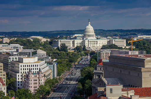 Birds eye view of the West Facade of the U.S. Capitol Building and Pennsylvania Avenue in Washington, DC.