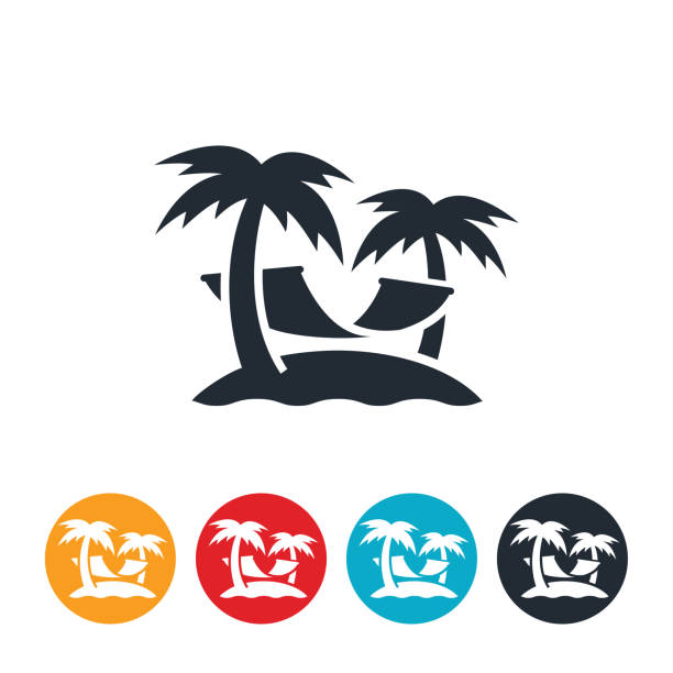 Beach Hammock Icon An icon of a hammock between two palm trees on a small beach of land. hammock stock illustrations