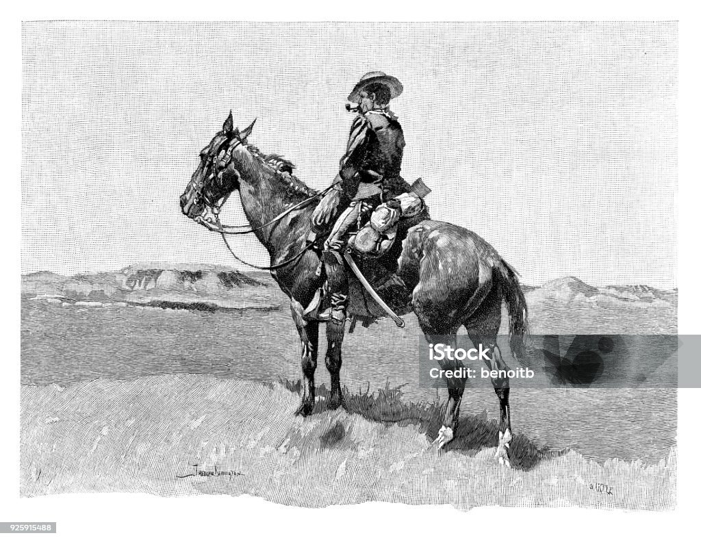 Cowboy on his horse Cowboy on his horse - Scanned 1891 Engraving Cowboy stock illustration