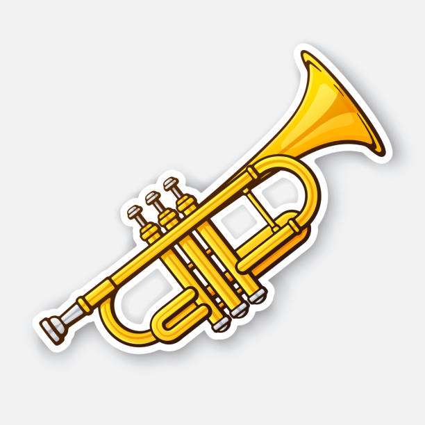 Sticker of classical music wind instrument trumpet Vector illustration. Classical music wind instrument trumpet. Rock or jazz equipment. Sticker with contour. Isolated on white background classical orchestral music stock illustrations