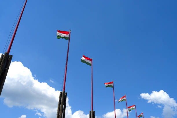 Hungarian flags raised on poles on the Castle Hill in Budapest. Background is clear blue sky, and blowing refreshing wind in an early summer day. Shot with Nikon D800, Ai Nikkor 35mm F2, ISO400. Aperture is f22 at 1/320sec.