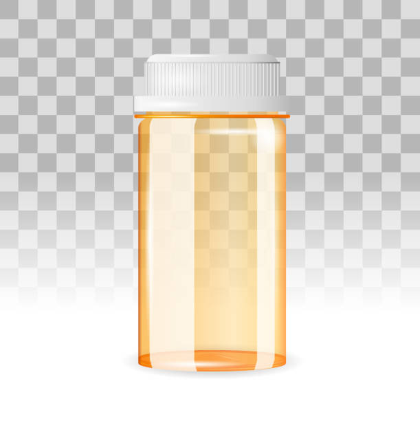 ilustrações de stock, clip art, desenhos animados e ícones de closed and empty pill bottle on the transparent background. realistic vector illustration. - perscription capsule frame pill