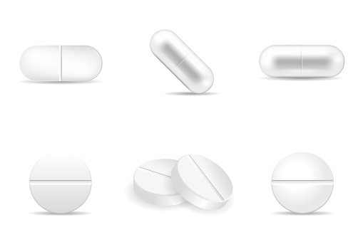 Set of realistic pills in any shapes and forms. Collection of oval, round and capsule shaped tablets. Medicine and drugs vector illustration.
