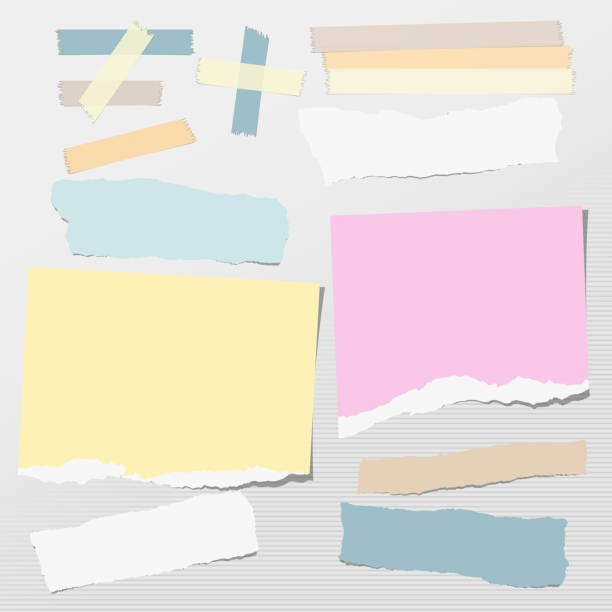 istock Torn colorful pastel note, notebook paper strips for text stuck with adhesive tape on gray background. Vector illustration 925930466