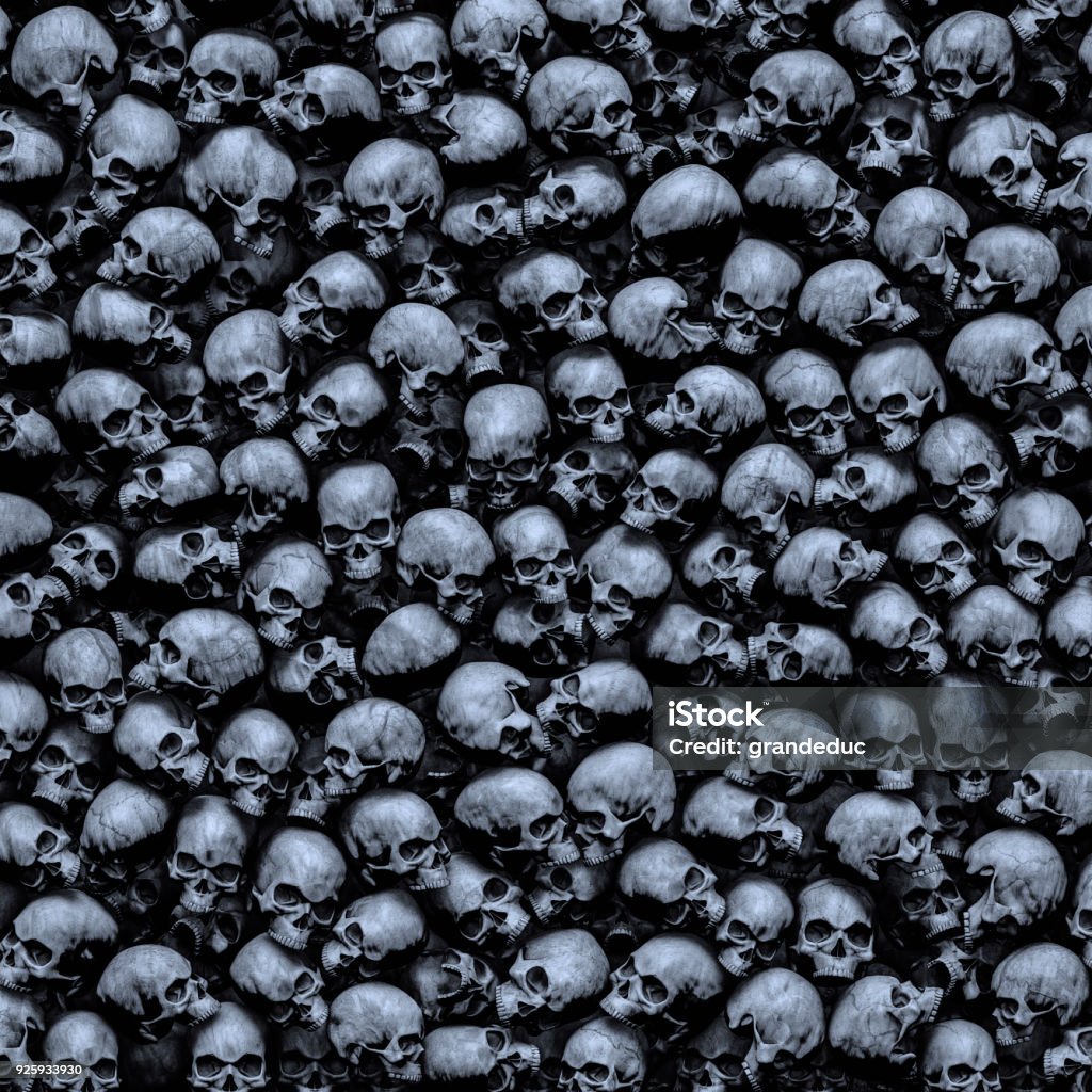 Gothic skulls background 3D illustration of dark grungy human skulls piled closely together Skull Stock Photo