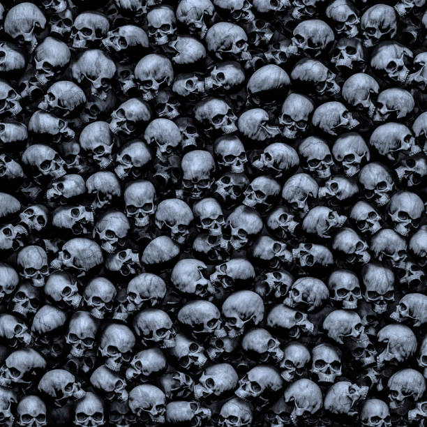 Gothic skulls background 3D illustration of dark grungy human skulls piled closely together human skull stock pictures, royalty-free photos & images