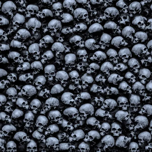 3D illustration of dark grungy human skulls piled closely together