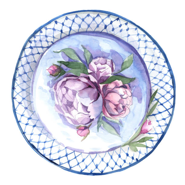 ilustraciones, imágenes clip art, dibujos animados e iconos de stock de ilustración acuarela. aislar luz azul pastel con flor en el plato con adorno azul sobre fondo blanco - cake old fashioned gift women