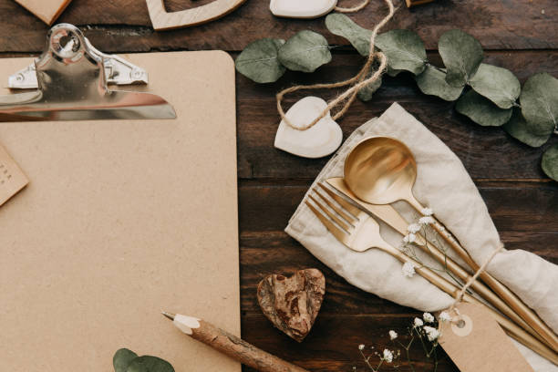 istock Flat lay Wedding rustic decorations on wooden background. Vintage Greenery Wedding Details 925959554