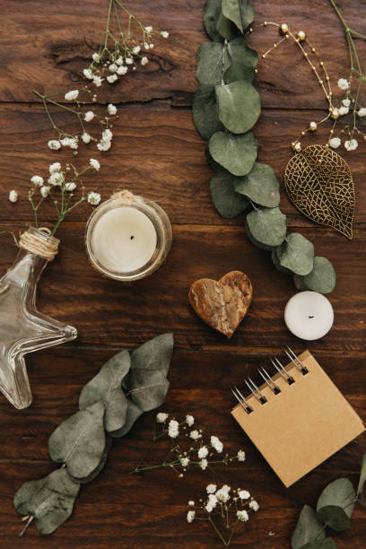 Flat lay Wedding rustic decorations on wooden background. Vintage Greenery Wedding Details