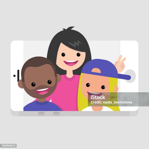 Millennials Making A Selfie Young Friends Having Fun Lifestyle Technologies Mobile Application Flat Editable Vector Illustration Clip Art Stock Illustration - Download Image Now