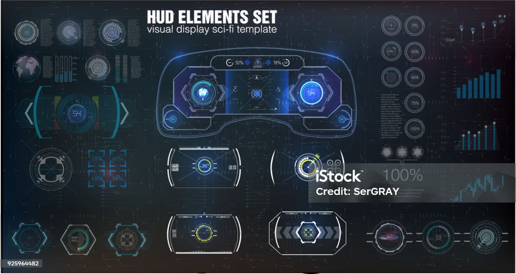 Futuristic VR Head-up Display Design. Sci-Fi Helmet HUD. Futuristic VR Head-up Display Design. Sci-Fi Helmet HUD. Future Technology Display Design. Spaceship stock vector