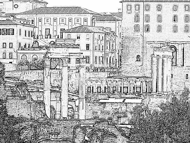 Rome, Italy. The Roman Forum (Forum Romanum). Three columns of the Temple of Venus Genetrix and ancient buildings' ruins against modern Rome. World famous antique landmark and attraction. Digital monochrome contour drawing, art stylization roma, italia. el foro romano (forum romanum). tres columnas del templo de venus genetrix y ruinas de antiguos edificios contra la roma moderna. monumento antiguo famoso del mundo y la atracción. estilización dibujo, contorno monocromo digital arte