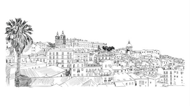 ilustrações de stock, clip art, desenhos animados e ícones de lisbon, portugal. alfama. vector freehand pencil sketch. - portugal turismo