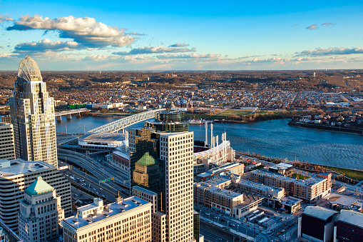 An aerial view of Cincinnati, Ohio skyline along the riverfront