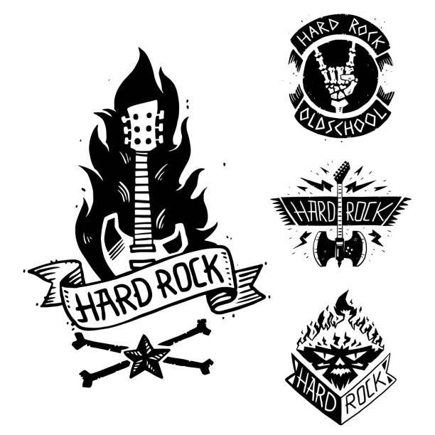 ilustrações de stock, clip art, desenhos animados e ícones de heavy rock music vector badge vintage label with punk skull symbol hard rock-n-roll sound sticker emblem illustration - rolling up illustrations