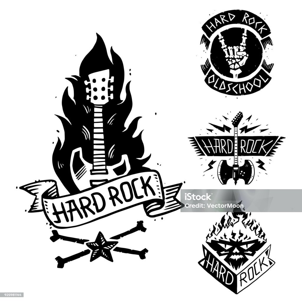 Heavy rock music vector badge vintage label with punk skull symbol hard rock-n-roll sound sticker emblem illustration Heavy rock music vector badge vintage label with punk skull symbol hard rock-n-roll sound sticker emblem illustration. Creative recording hipster classic template. Rock Music stock vector