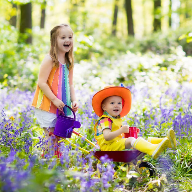 Kids with bluebell flowers, garden tools and wheelbarrow. Boy and girl gardening. Children play outdoor in bluebells, work, plant and water blue bell flower bed. Family fun in summer forest.