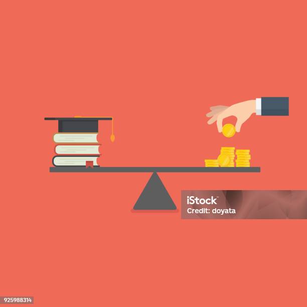 Education Investment Saving Money For Education Stack Of Book And Money On The Scale High Cost Of Education Stock Illustration - Download Image Now