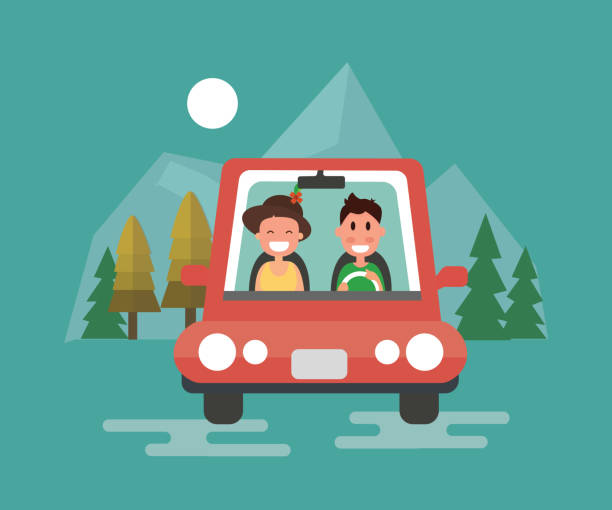 Happy couple driving in their car vector art illustration