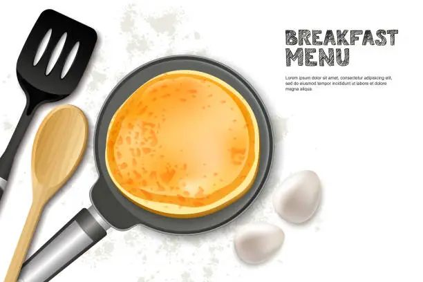 Vector illustration of Cooking pancake vector illustration. Top view realistic pan, spatula and ingredients isolated on white background.