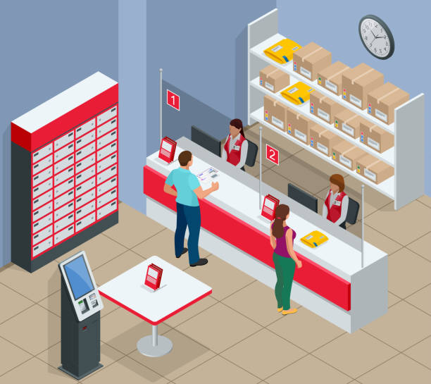 Isometric Post Office concept. Young man and woman waiting for a parcel in a post office. Correspondence isolated vector illustration Isometric Post Office concept. Young man and woman waiting for a parcel in a post office. Correspondence isolated vector illustration. post office stock illustrations