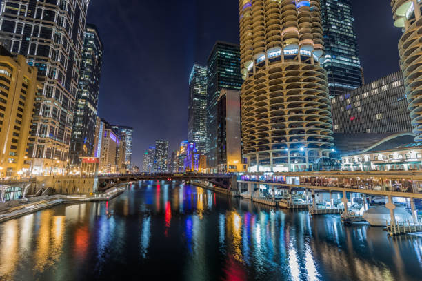 istock Chicago downtown by the river at night 926015328