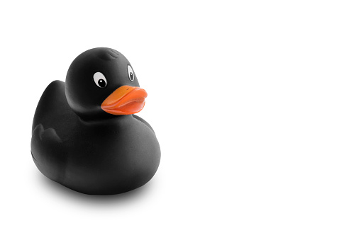 Black rubber duck in white isolated background.