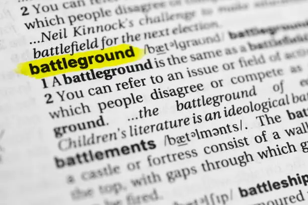 Highlighted English word "battleground" and its definition in the dictionary.