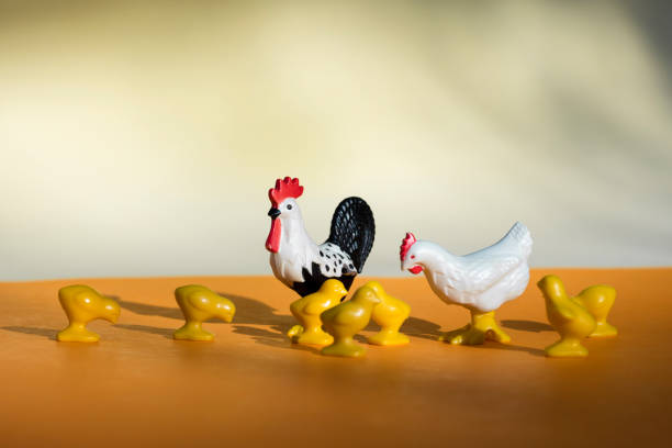 Chicken family with rooster and spring chickens miniatures made of plastic