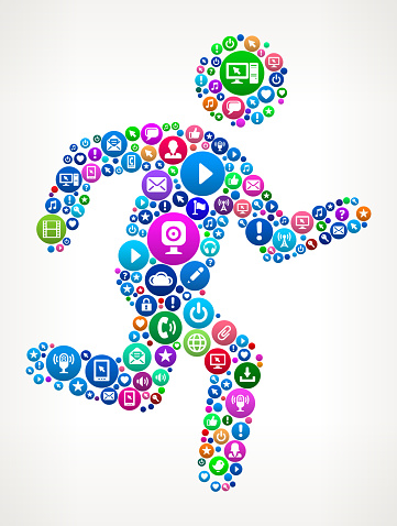 Jogging Internet Communication Technology Icon Pattern. The main object is completely filled by round buttons with technology and internet communication icons. the buttons vary in size and color and have a slight gradient glow on them. The background of this 100% royalty free vector illustration is light. The round buttons form a seamless pattern and are visually engaging. The icons include popular technology visuals such as computer equipment, internet communication email and messaging icons and many more.